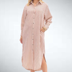 Entro Textured Stripe Button Down Shirt Dress in Rust Size S
